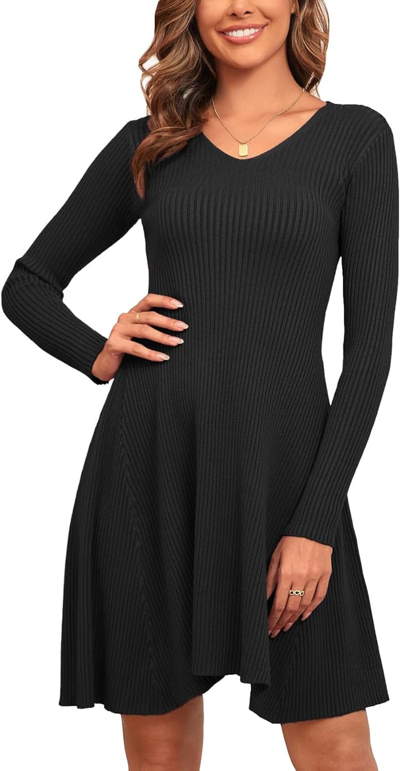CYCLAMEN 2023 Women'S Ribbed Knit Sweater Mini Dress A-Line V Neck Long Sleeve Short Dress Winter Fall Black / Small