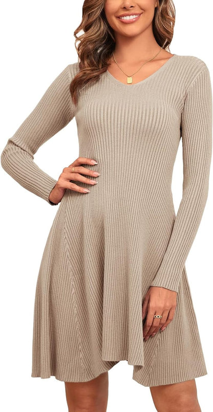 CYCLAMEN 2023 Women'S Ribbed Knit Sweater Mini Dress A-Line V Neck Long Sleeve Short Dress Winter Fall Khaki / Small