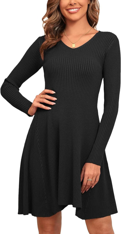CYCLAMEN 2023 Women'S Ribbed Knit Sweater Mini Dress A-Line V Neck Long Sleeve Short Dress Winter Fall Black / Large