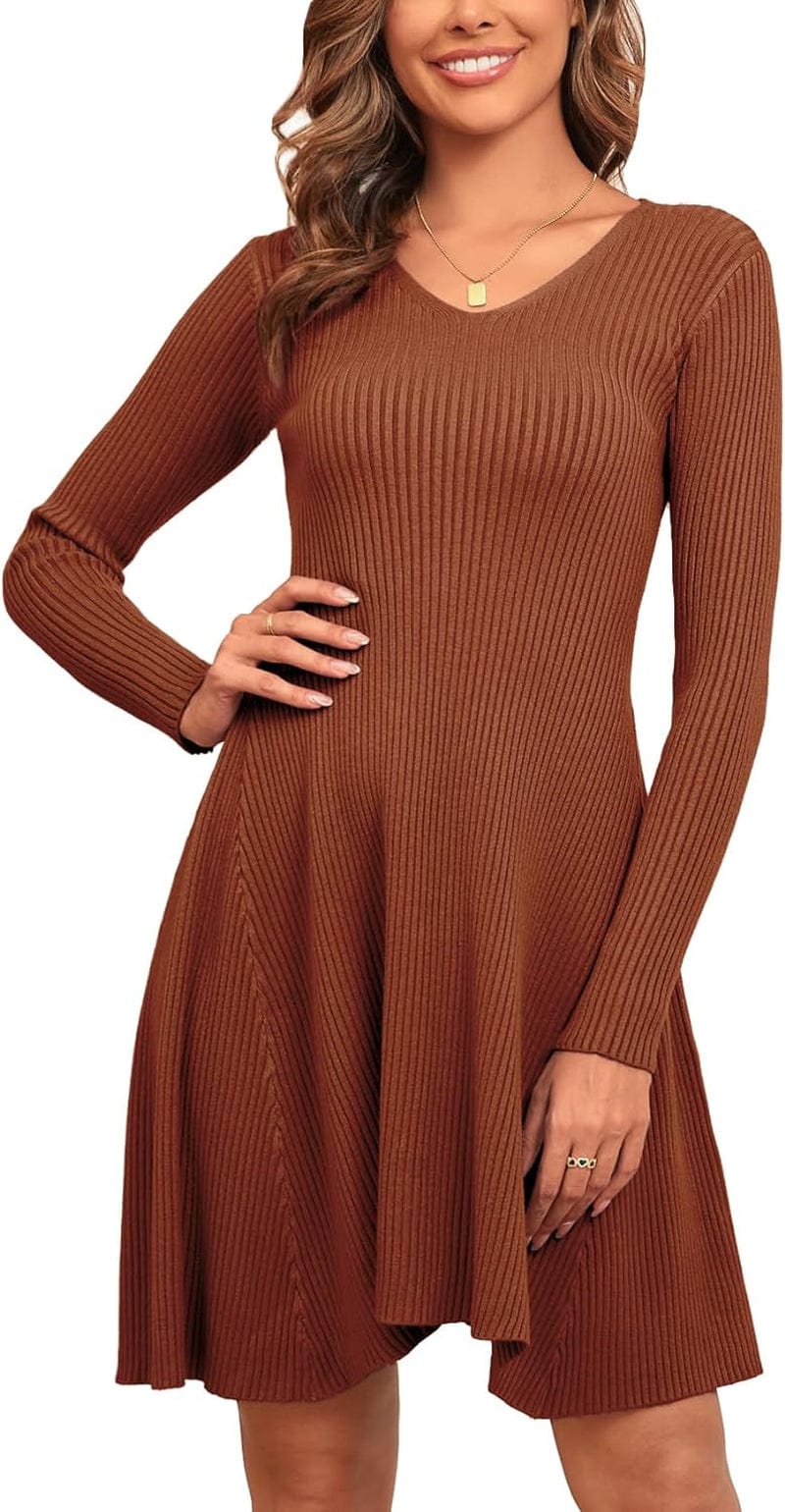 CYCLAMEN 2023 Women'S Ribbed Knit Sweater Mini Dress A-Line V Neck Long Sleeve Short Dress Winter Fall Rust Brown / Large
