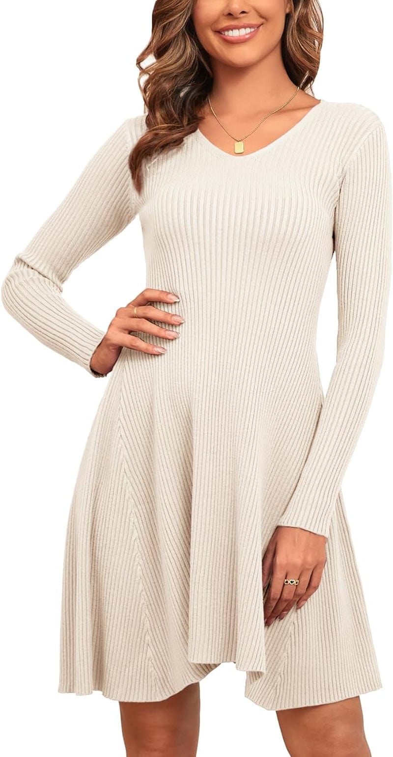 CYCLAMEN 2023 Women'S Ribbed Knit Sweater Mini Dress A-Line V Neck Long Sleeve Short Dress Winter Fall Beige / Small