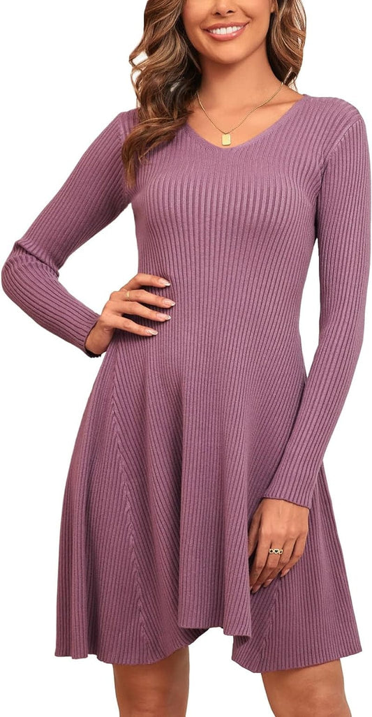 CYCLAMEN 2023 Women'S Ribbed Knit Sweater Mini Dress A-Line V Neck Long Sleeve Short Dress Winter Fall
