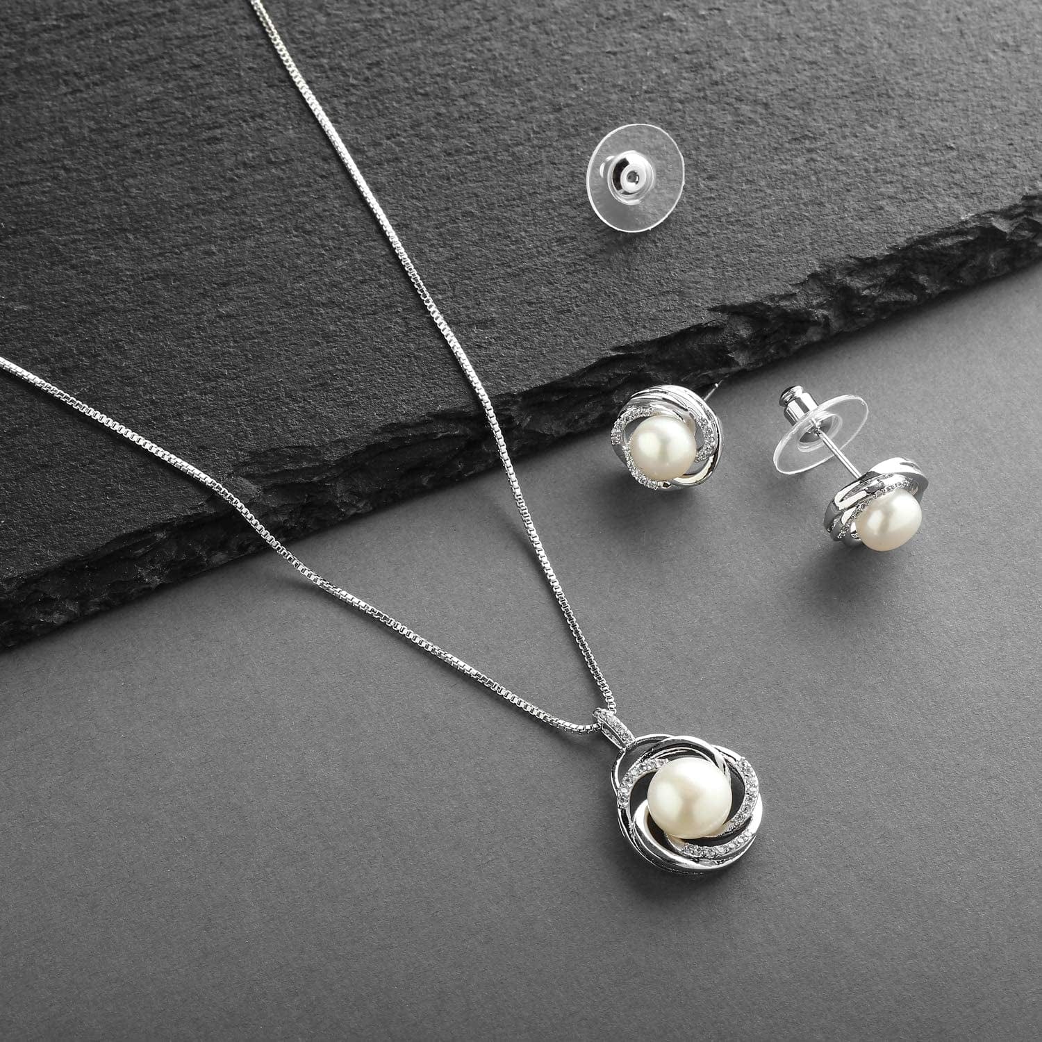 CZ and Freshwater Pearl Button Wedding Necklace and Earrings Jewelry Set for Bridesmaids & Brides