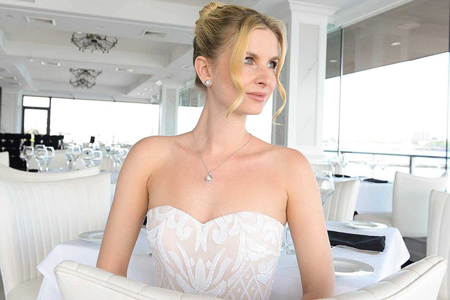 CZ and Freshwater Pearl Button Wedding Necklace and Earrings Jewelry Set for Bridesmaids & Brides