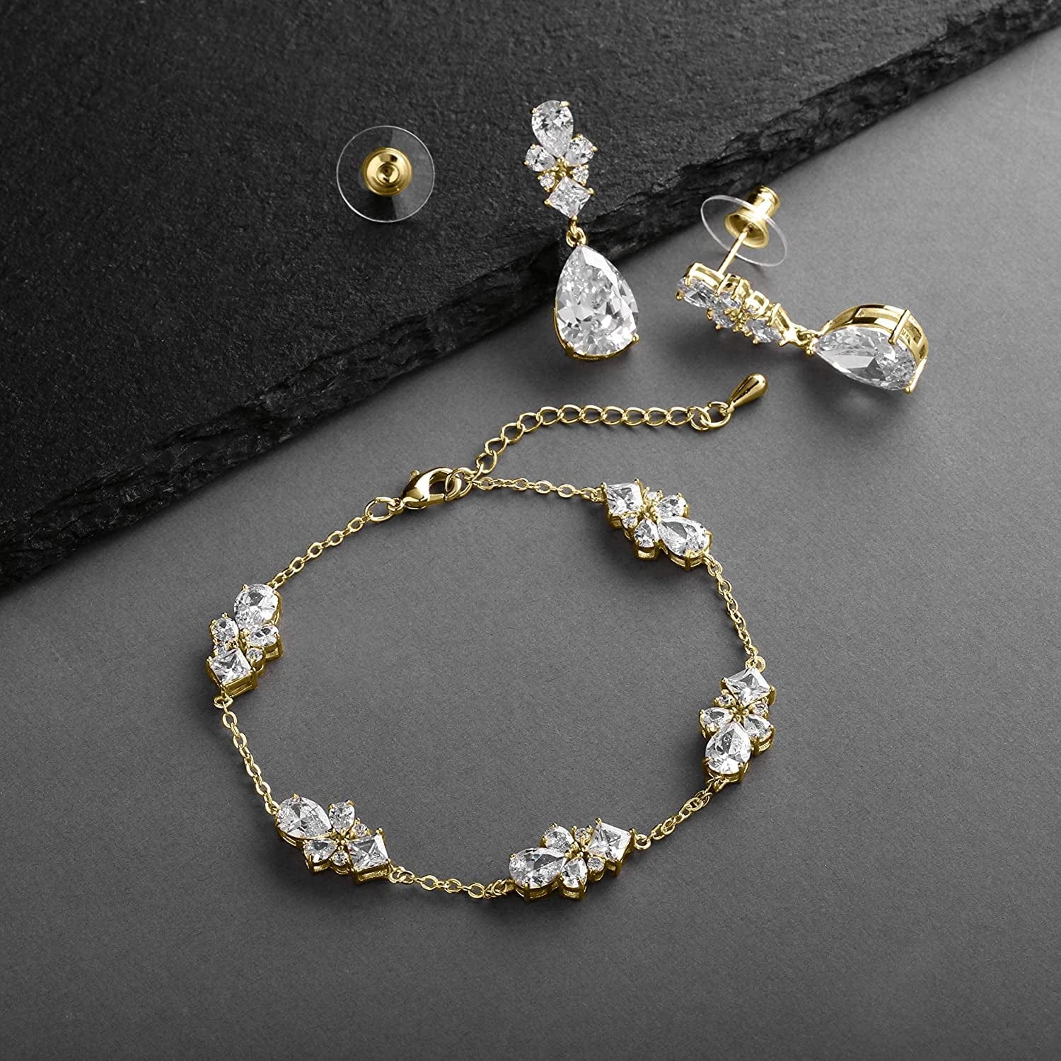 CZ Bridal Bracelet & Matching Earrings, 14K Gold Jewelry Set Adjustable Bracelet 7 ¼" to 8 ¾"