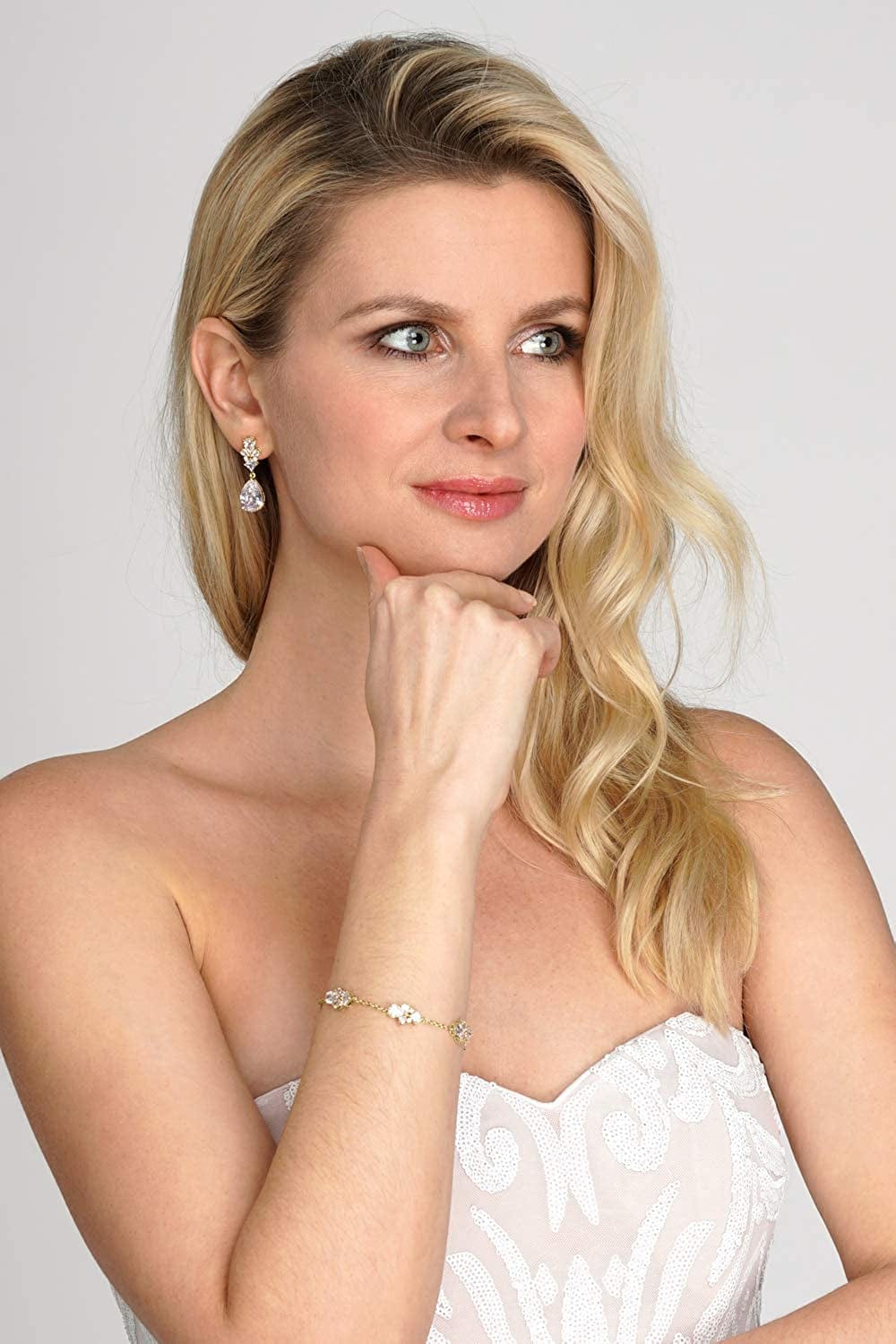 CZ Bridal Bracelet & Matching Earrings, 14K Gold Jewelry Set Adjustable Bracelet 7 ¼" to 8 ¾"