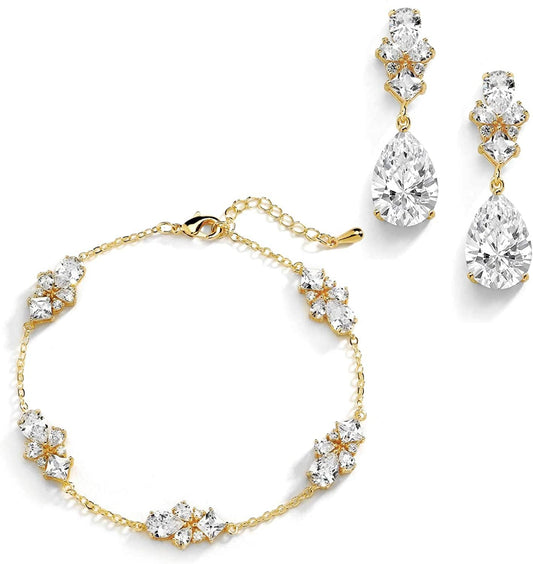 CZ Bridal Bracelet & Matching Earrings, 14K Gold Jewelry Set Adjustable Bracelet 7 ¼" to 8 ¾"