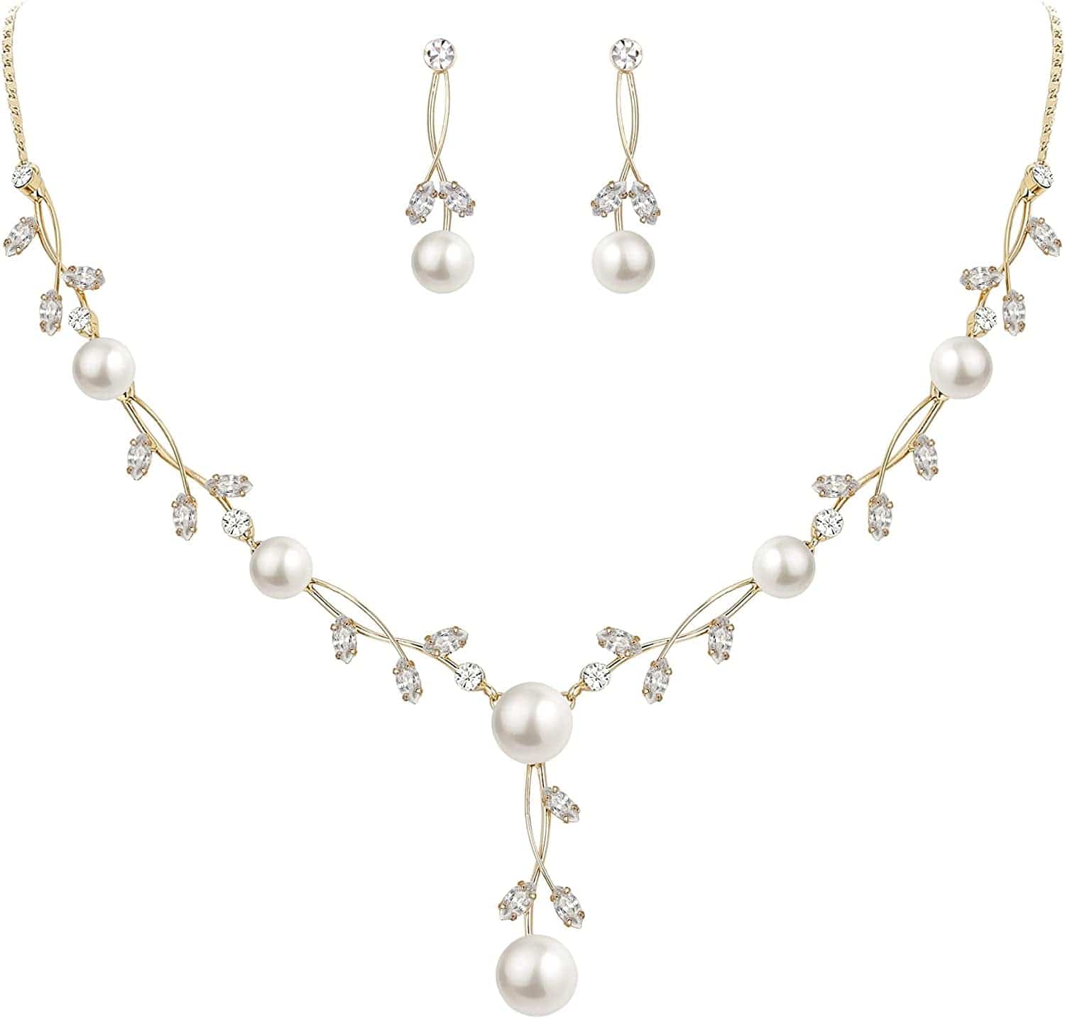 CZ Crystal Cream Simulated Pearl Floral Vine Filigree Necklace Earrings Set 2_Clear Gold-Tone