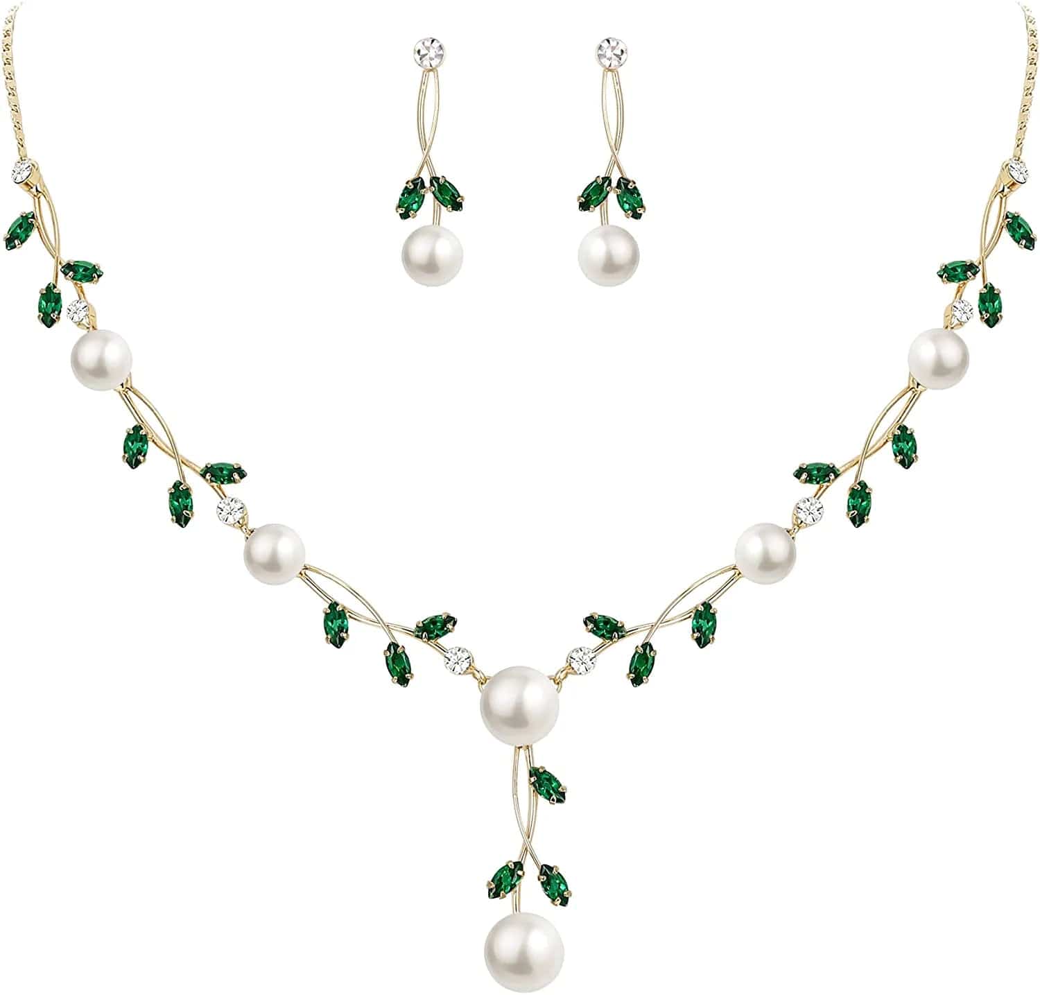 CZ Crystal Cream Simulated Pearl Floral Vine Filigree Necklace Earrings Set Green Gold-Tone