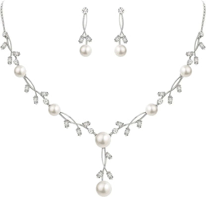 CZ Crystal Cream Simulated Pearl Floral Vine Filigree Necklace Earrings Set 1_Clear Silver-Tone