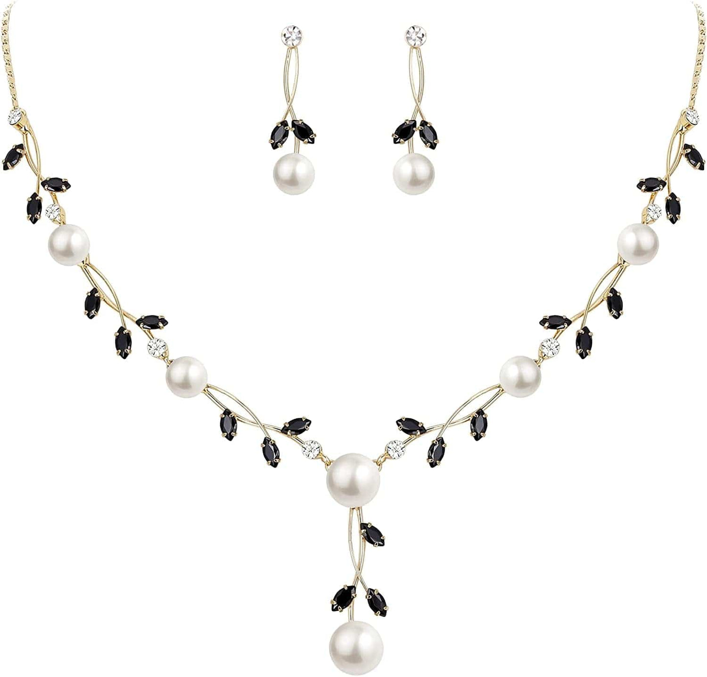 CZ Crystal Cream Simulated Pearl Floral Vine Filigree Necklace Earrings Set Black Gold-Tone