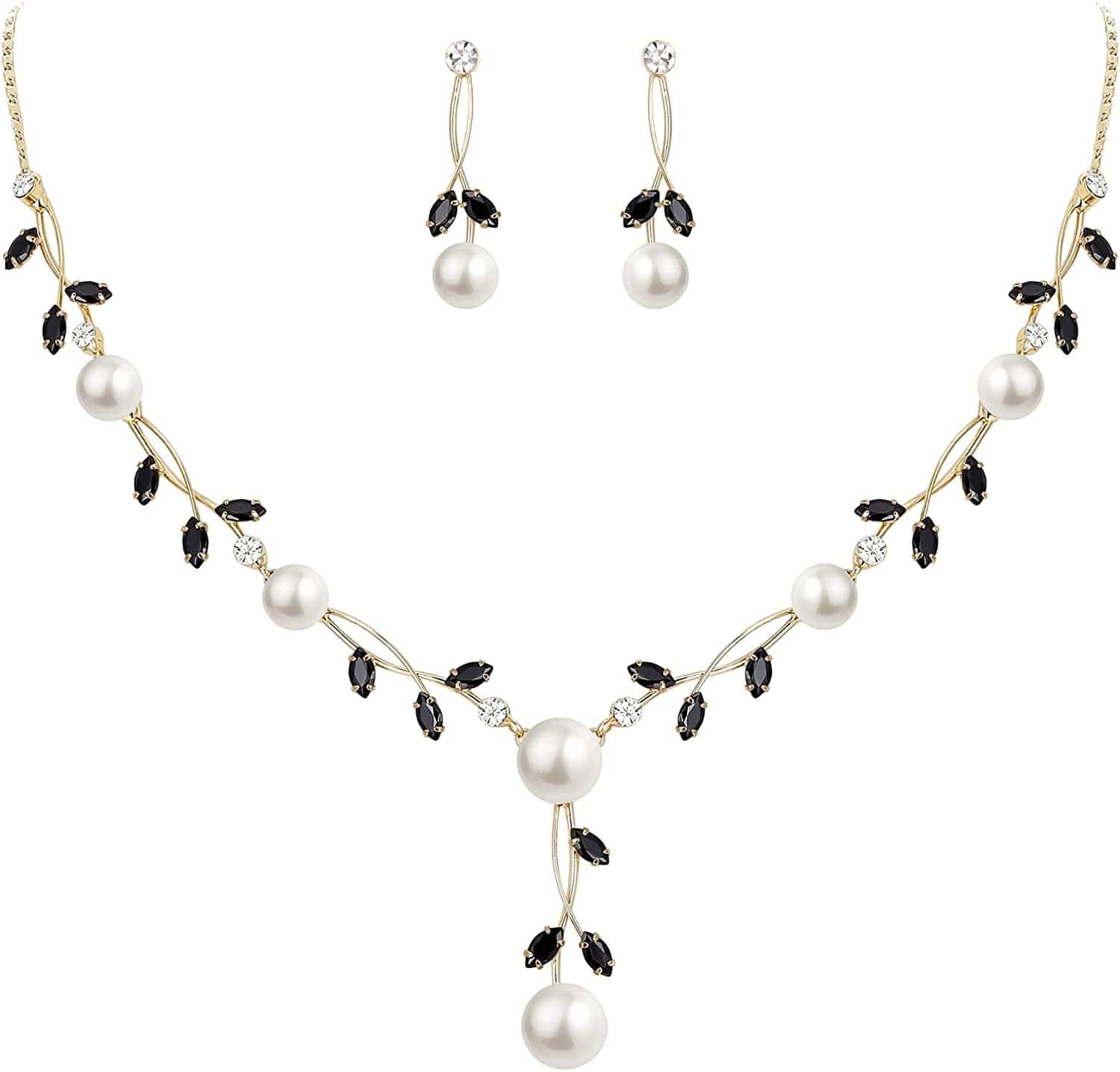 CZ Crystal Cream Simulated Pearl Floral Vine Filigree Necklace Earrings Set Black Gold-Tone