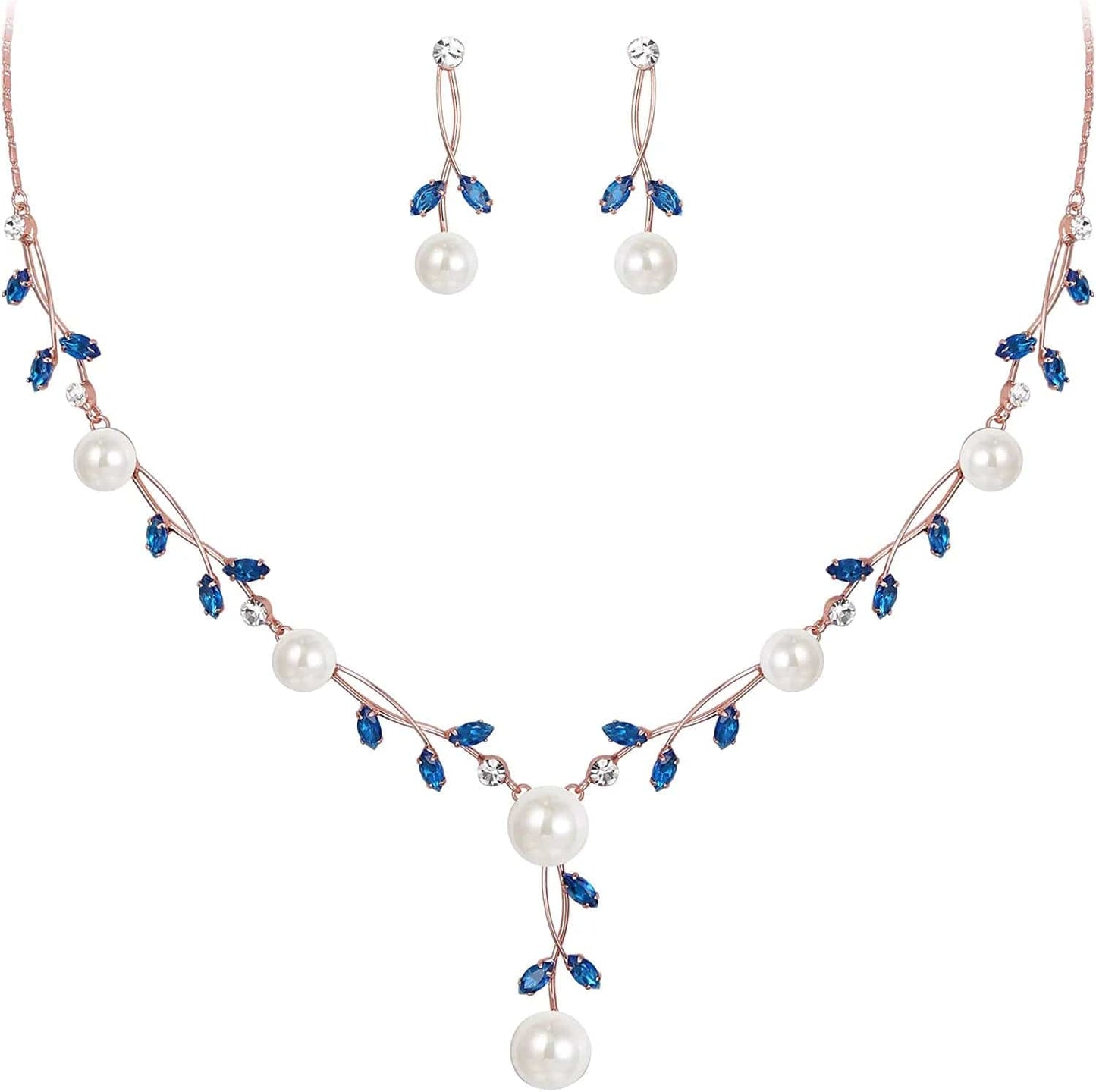 CZ Crystal Cream Simulated Pearl Floral Vine Filigree Necklace Earrings Set Navy Blue Rose Gold-Tone