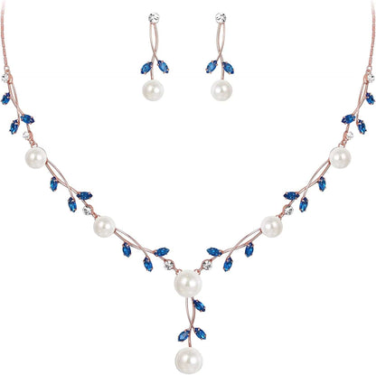 CZ Crystal Cream Simulated Pearl Floral Vine Filigree Necklace Earrings Set Navy Blue Rose Gold-Tone