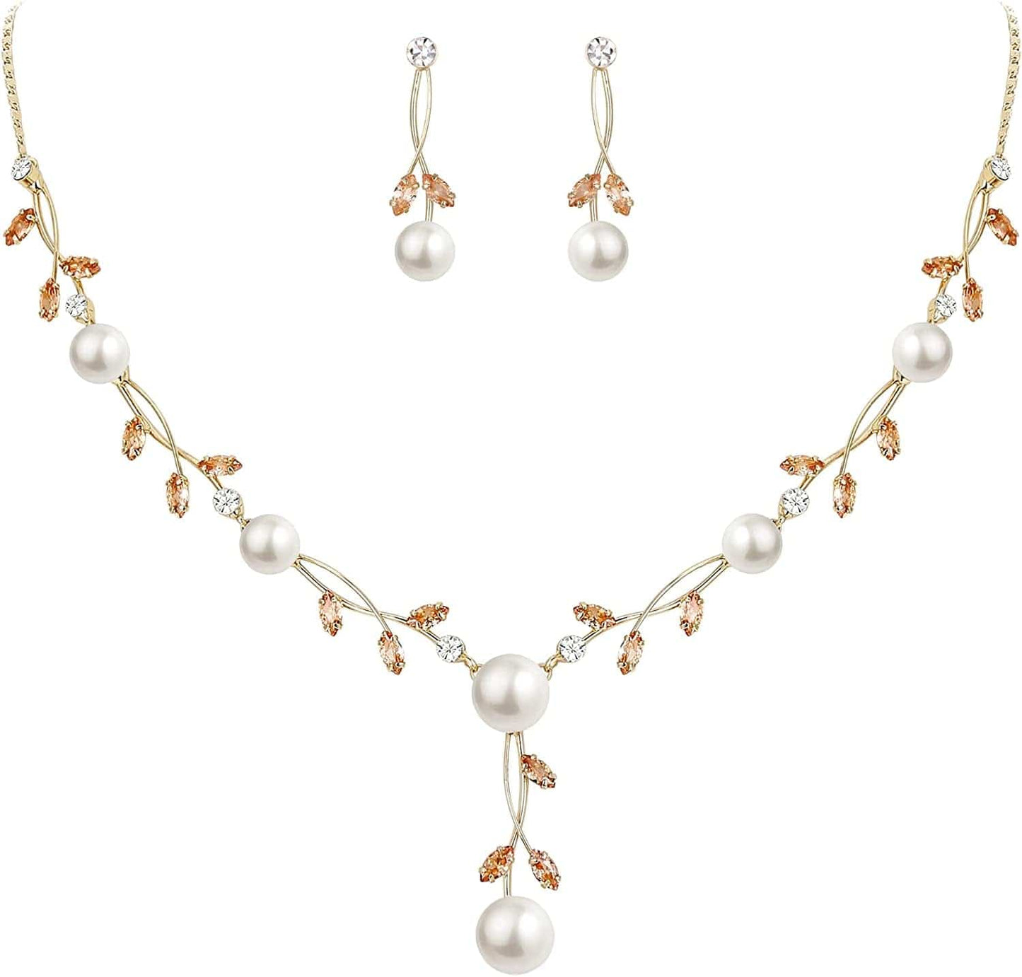 CZ Crystal Cream Simulated Pearl Floral Vine Filigree Necklace Earrings Set Brown Gold-Tone