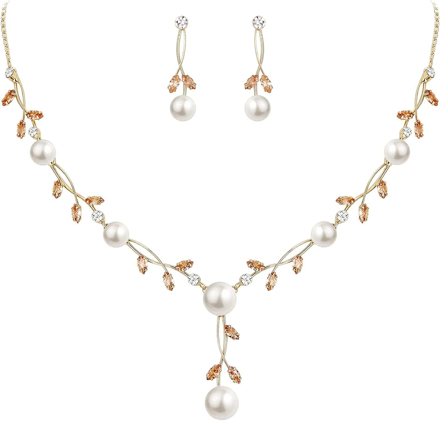 CZ Crystal Cream Simulated Pearl Floral Vine Filigree Necklace Earrings Set Brown Gold-Tone