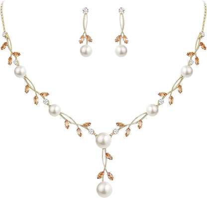 CZ Crystal Cream Simulated Pearl Floral Vine Filigree Necklace Earrings Set Brown Gold-Tone