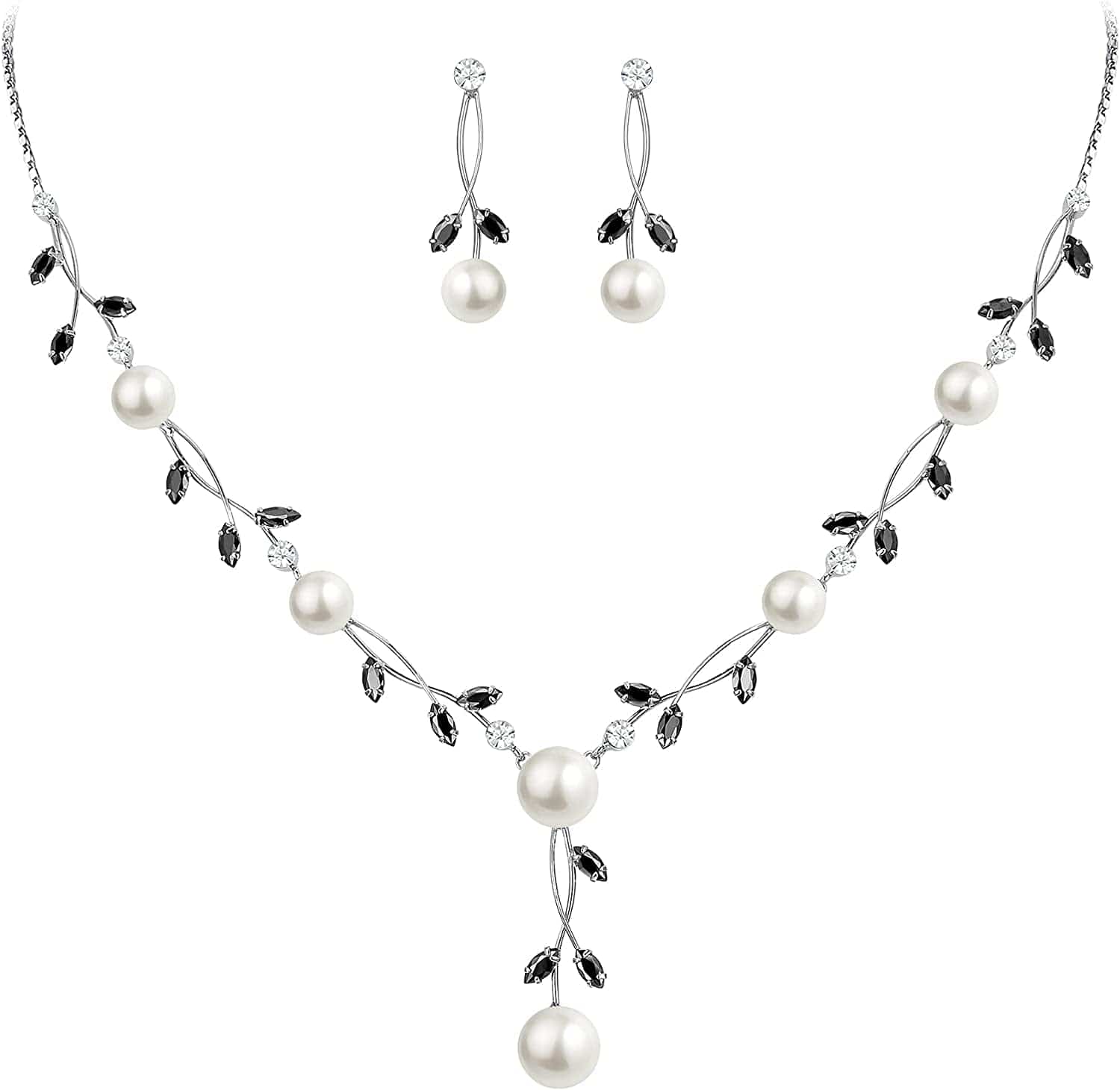 CZ Crystal Cream Simulated Pearl Floral Vine Filigree Necklace Earrings Set Black Silver-Tone