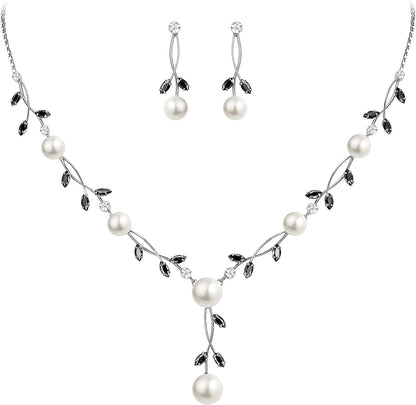 CZ Crystal Cream Simulated Pearl Floral Vine Filigree Necklace Earrings Set Black Silver-Tone