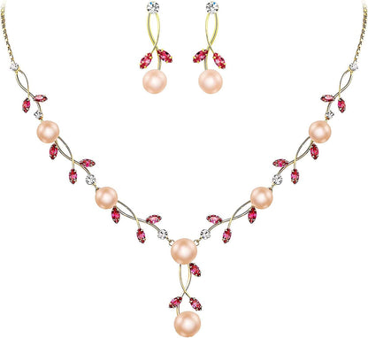 CZ Crystal Cream Simulated Pearl Floral Vine Filigree Necklace Earrings Set Pink Gold-Tone