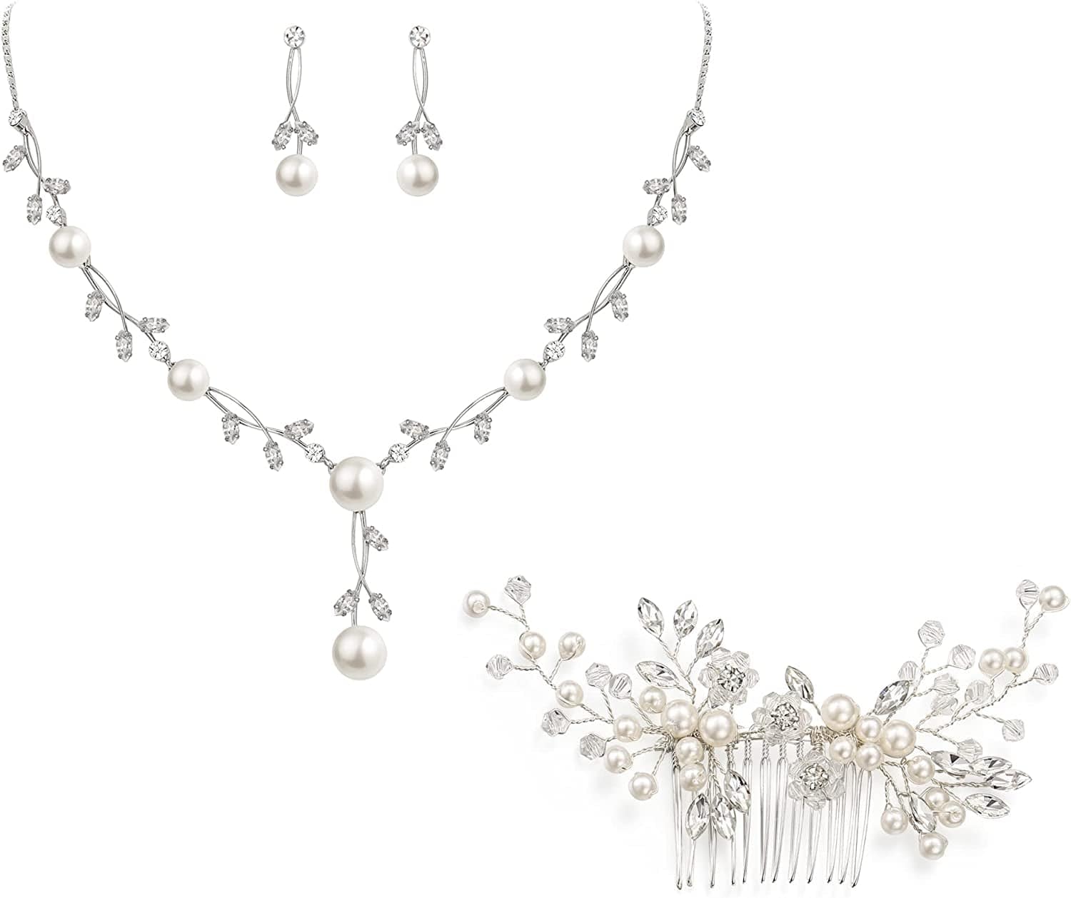 CZ Crystal Cream Simulated Pearl Floral Vine Filigree Necklace Earrings Set Necklace+Earring+Comb_Clear Silver-Tone
