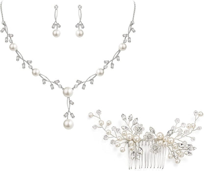 CZ Crystal Cream Simulated Pearl Floral Vine Filigree Necklace Earrings Set Necklace+Earring+Comb_Clear Silver-Tone