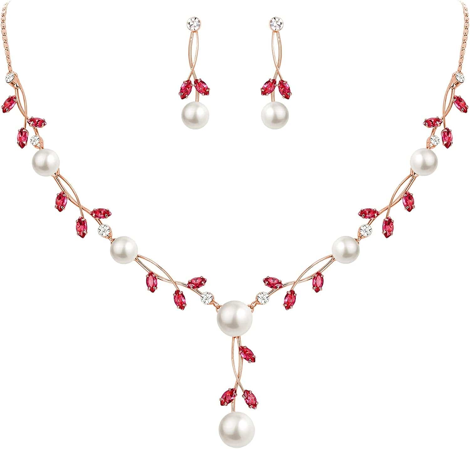 CZ Crystal Cream Simulated Pearl Floral Vine Filigree Necklace Earrings Set Pink Rose Gold-Tone
