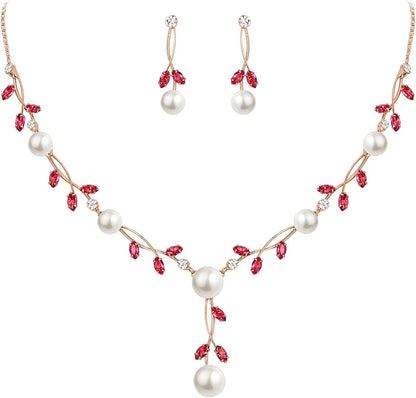 CZ Crystal Cream Simulated Pearl Floral Vine Filigree Necklace Earrings Set Pink Rose Gold-Tone