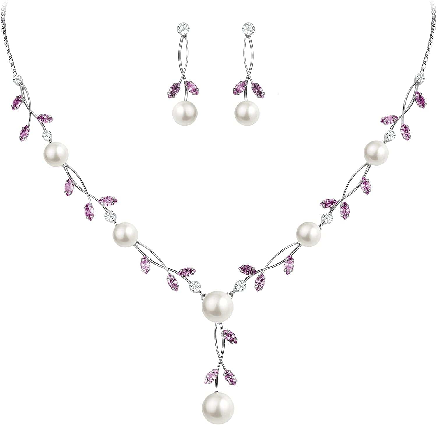 CZ Crystal Cream Simulated Pearl Floral Vine Filigree Necklace Earrings Set Purple Silver-Tone