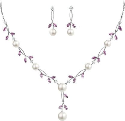 CZ Crystal Cream Simulated Pearl Floral Vine Filigree Necklace Earrings Set Purple Silver-Tone