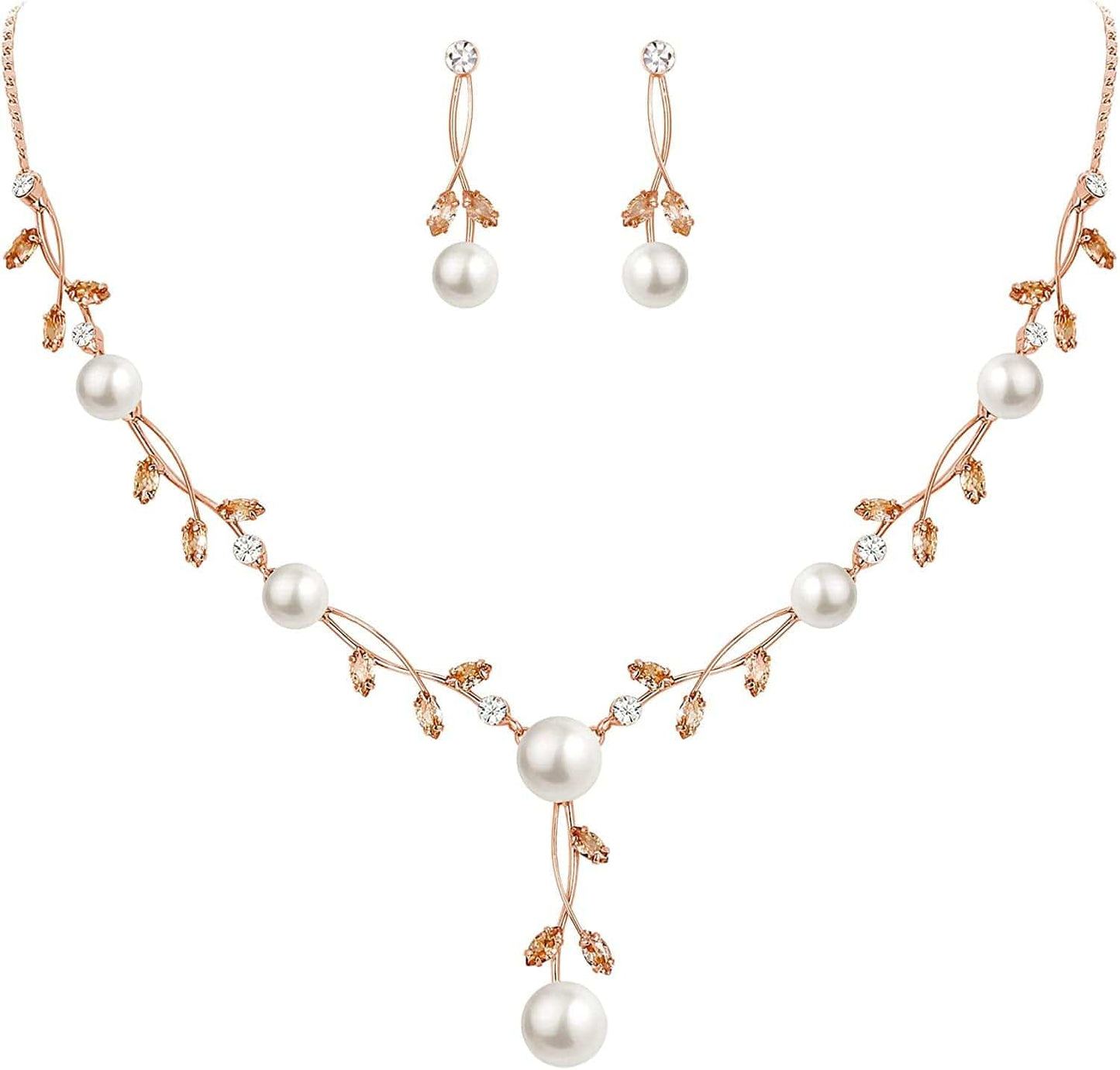 CZ Crystal Cream Simulated Pearl Floral Vine Filigree Necklace Earrings Set Brown Rose Gold-Tone