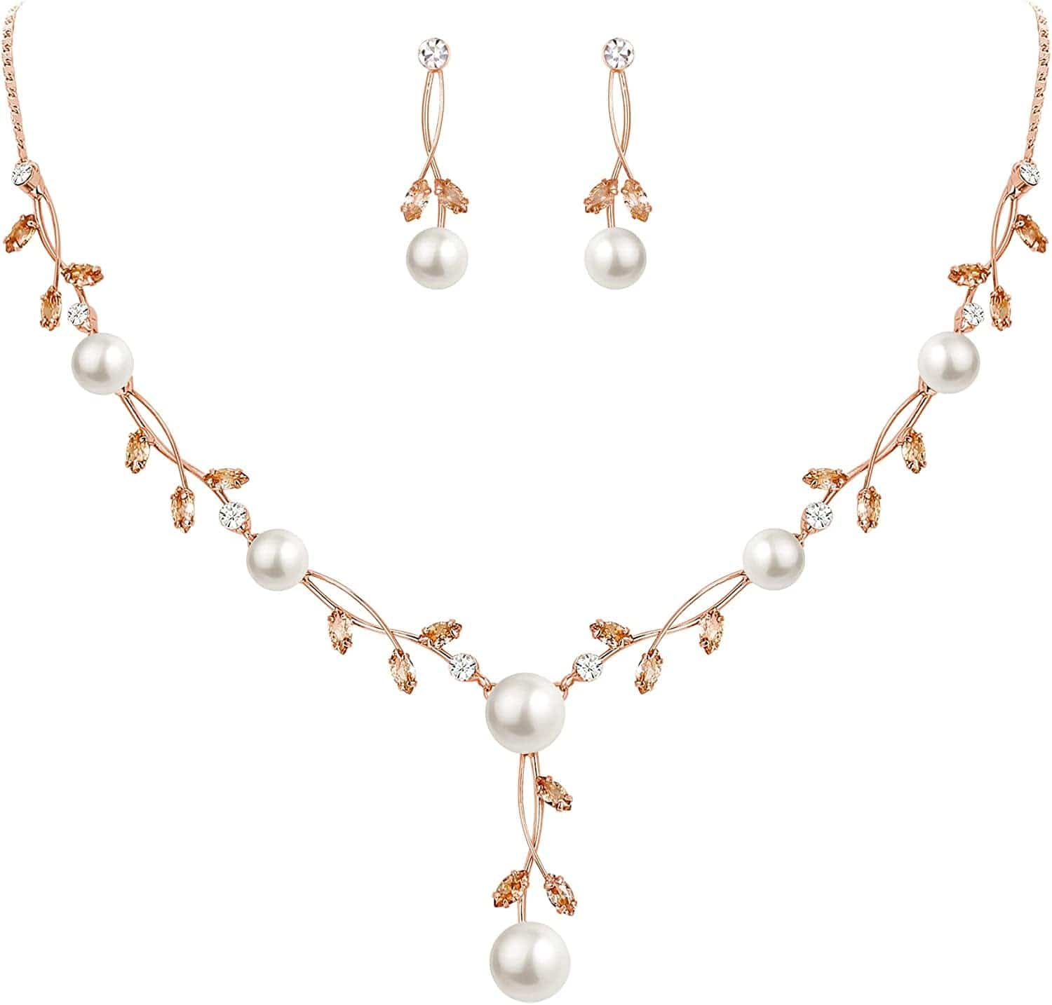 CZ Crystal Cream Simulated Pearl Floral Vine Filigree Necklace Earrings Set Brown Rose Gold-Tone