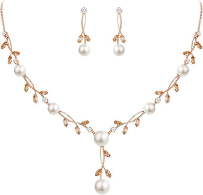 CZ Crystal Cream Simulated Pearl Floral Vine Filigree Necklace Earrings Set Brown Rose Gold-Tone