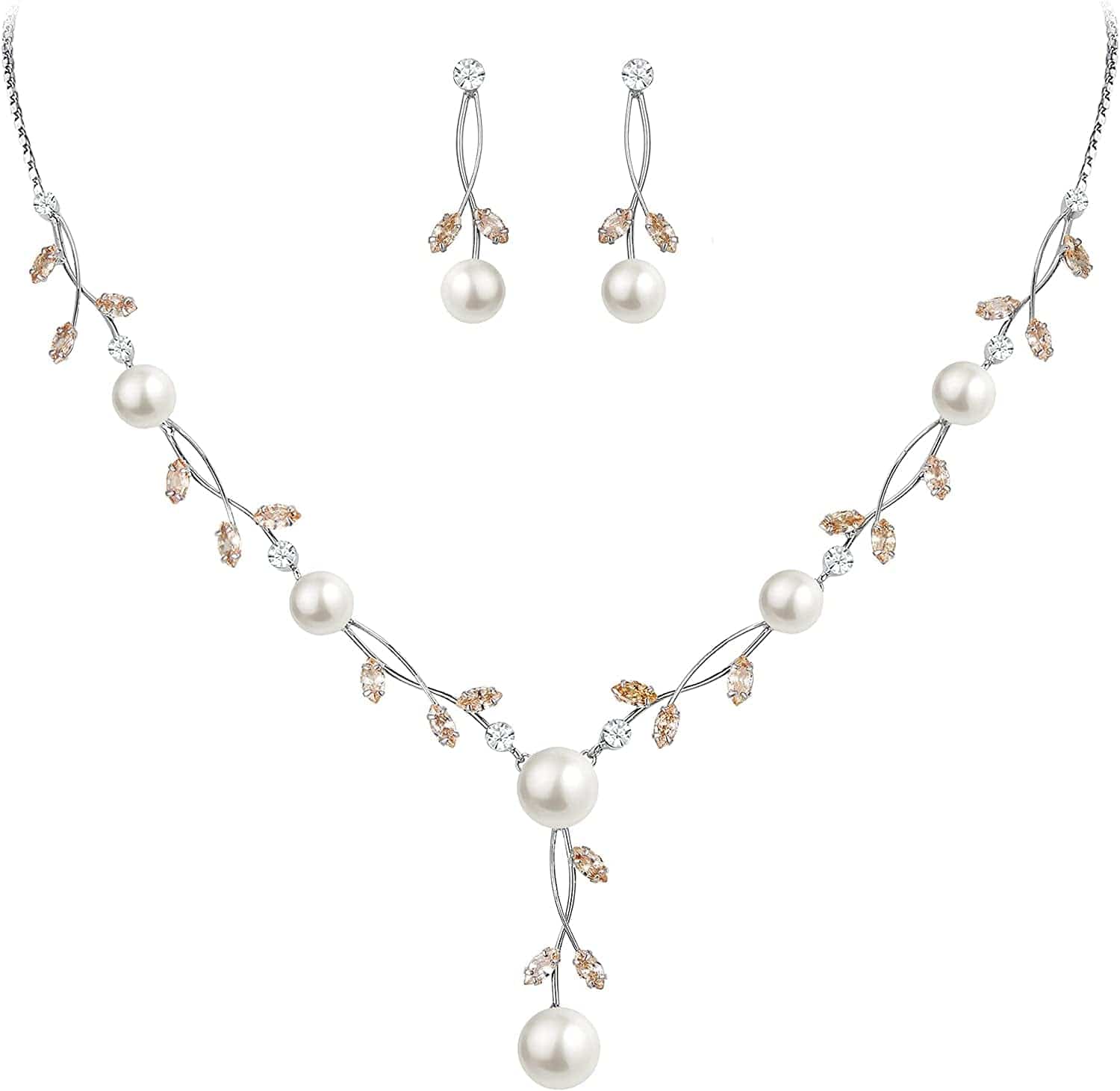 CZ Crystal Cream Simulated Pearl Floral Vine Filigree Necklace Earrings Set Brown Silver-Tone