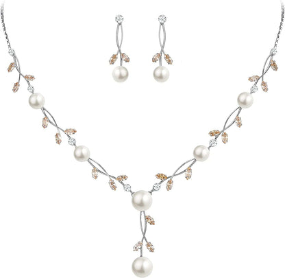 CZ Crystal Cream Simulated Pearl Floral Vine Filigree Necklace Earrings Set Brown Silver-Tone