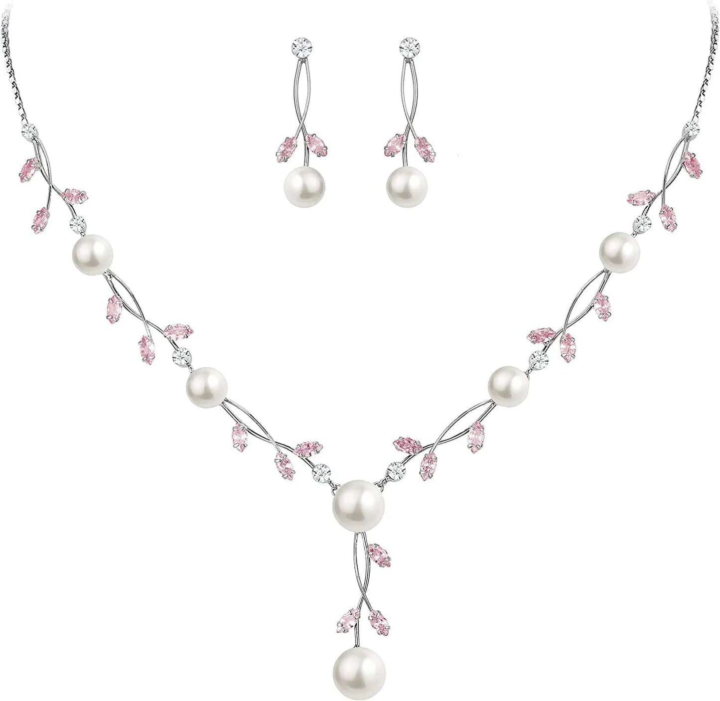 CZ Crystal Cream Simulated Pearl Floral Vine Filigree Necklace Earrings Set Pink Silver-Tone