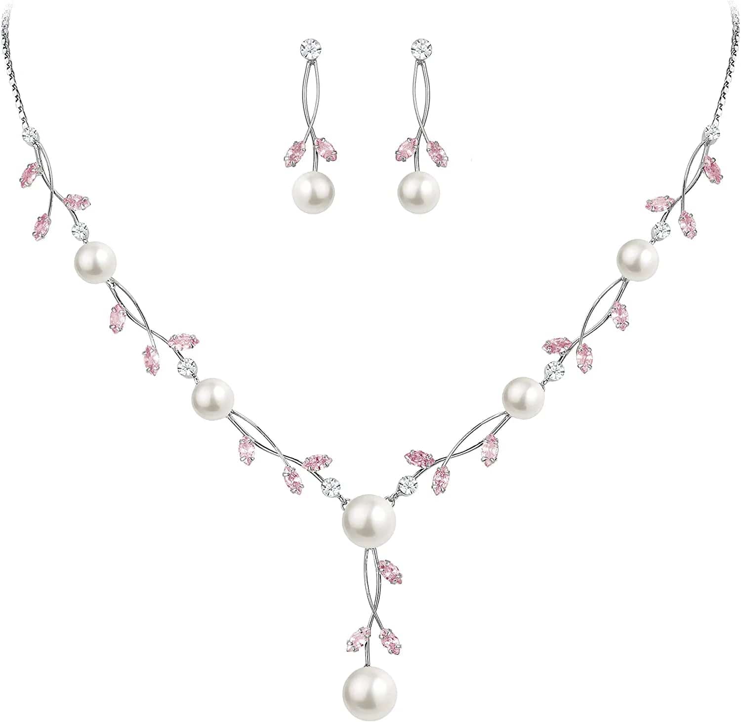 CZ Crystal Cream Simulated Pearl Floral Vine Filigree Necklace Earrings Set Pink Silver-Tone
