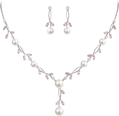 CZ Crystal Cream Simulated Pearl Floral Vine Filigree Necklace Earrings Set Pink Silver-Tone