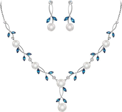 CZ Crystal Cream Simulated Pearl Floral Vine Filigree Necklace Earrings Set Sky Blue Silver-Tone