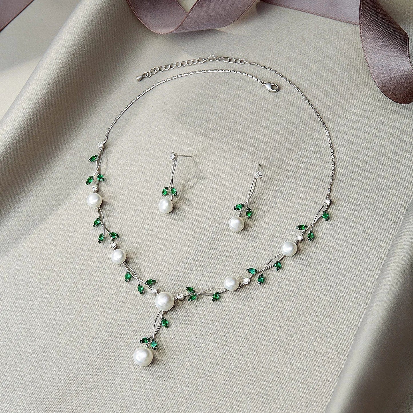 CZ Crystal Cream Simulated Pearl Floral Vine Filigree Necklace Earrings Set