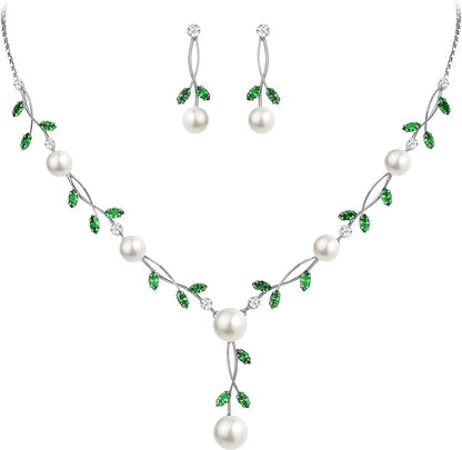 CZ Crystal Cream Simulated Pearl Floral Vine Filigree Necklace Earrings Set Green Silver-Tone