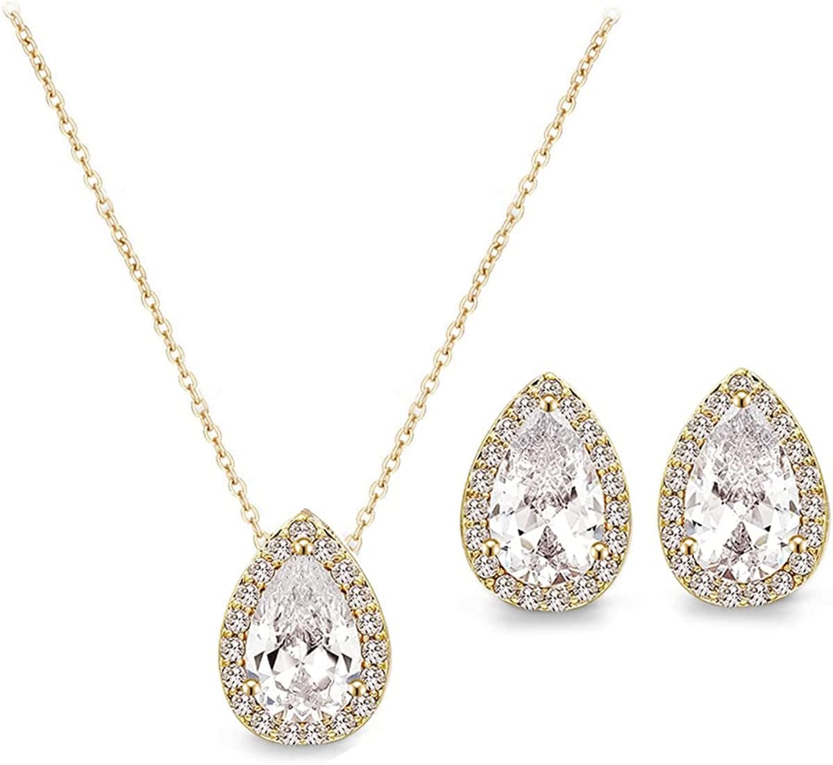 CZ Teardrop Earrings Necklace Bracelet Jewelry Set for Bridesmaids Bridal Party Prom 18K Gold