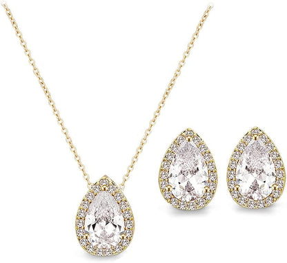 CZ Teardrop Earrings Necklace Bracelet Jewelry Set for Bridesmaids Bridal Party Prom 18K Gold