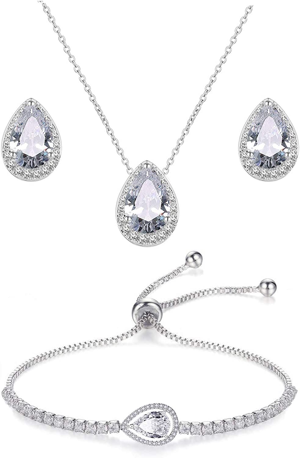 CZ Teardrop Earrings Necklace Bracelet Jewelry Set for Bridesmaids Bridal Party Prom 3 Set-White Gold