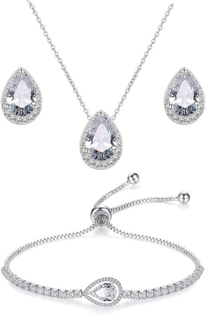CZ Teardrop Earrings Necklace Bracelet Jewelry Set for Bridesmaids Bridal Party Prom 3 Set-White Gold