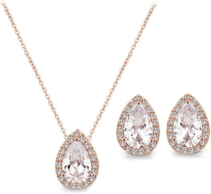 CZ Teardrop Earrings Necklace Bracelet Jewelry Set for Bridesmaids Bridal Party Prom Rose Gold