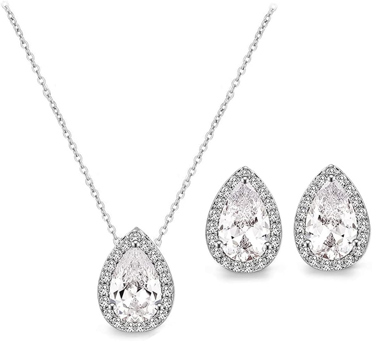 CZ Teardrop Earrings Necklace Bracelet Jewelry Set for Bridesmaids Bridal Party Prom White Gold