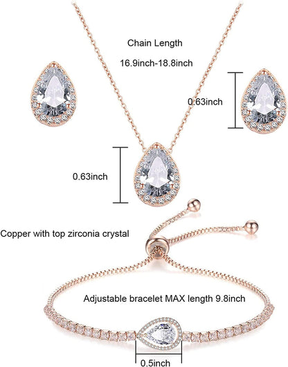 CZ Teardrop Earrings Necklace Bracelet Jewelry Set for Bridesmaids Bridal Party Prom