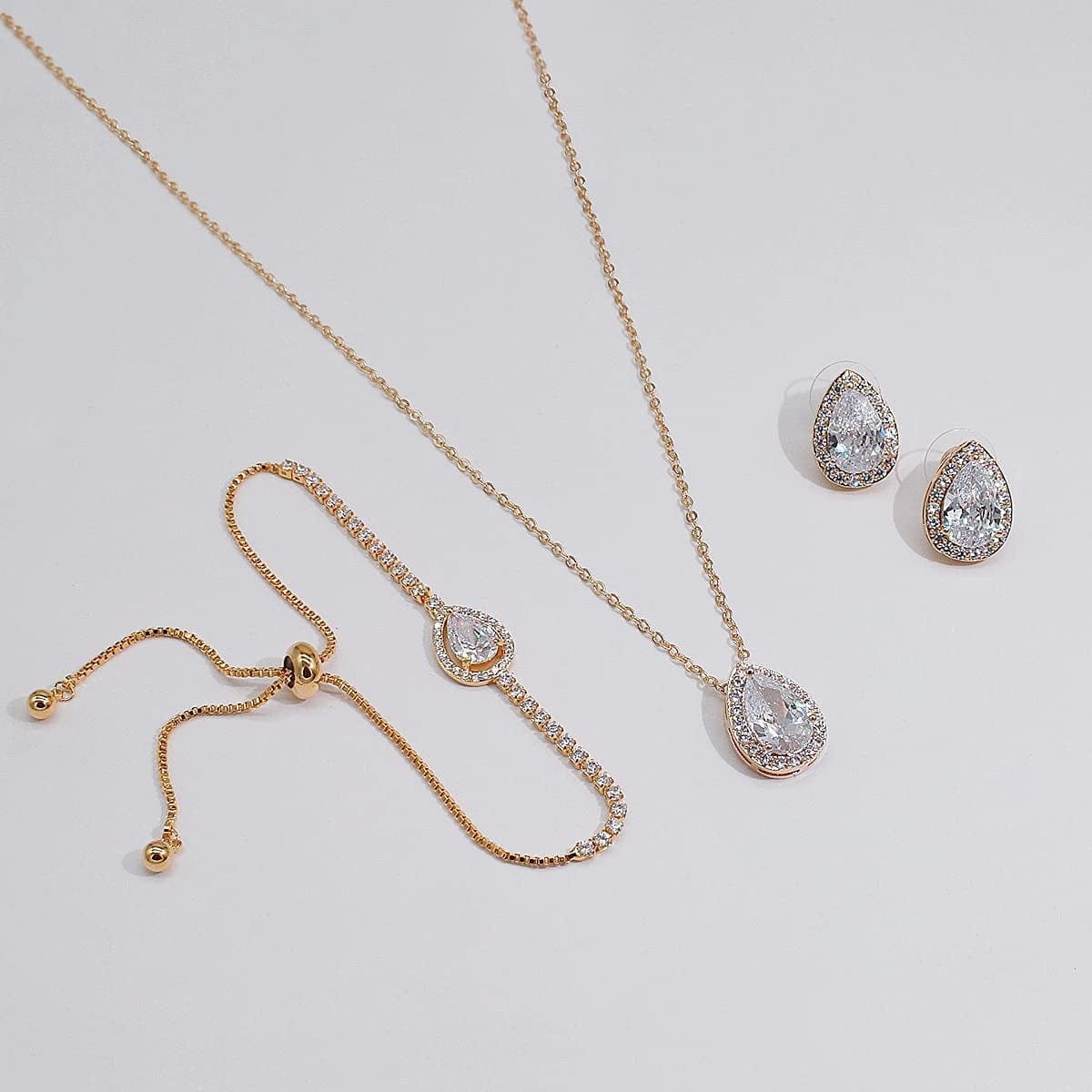 CZ Teardrop Earrings Necklace Bracelet Jewelry Set for Bridesmaids Bridal Party Prom