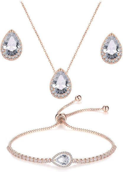 CZ Teardrop Earrings Necklace Bracelet Jewelry Set for Bridesmaids Bridal Party Prom 3 Set-Rose Gold